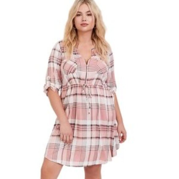 Torrid Women's Rose Pink Plaid Stretch Zip Front Challis Shirt Dress 2x - Picture 13 of 16